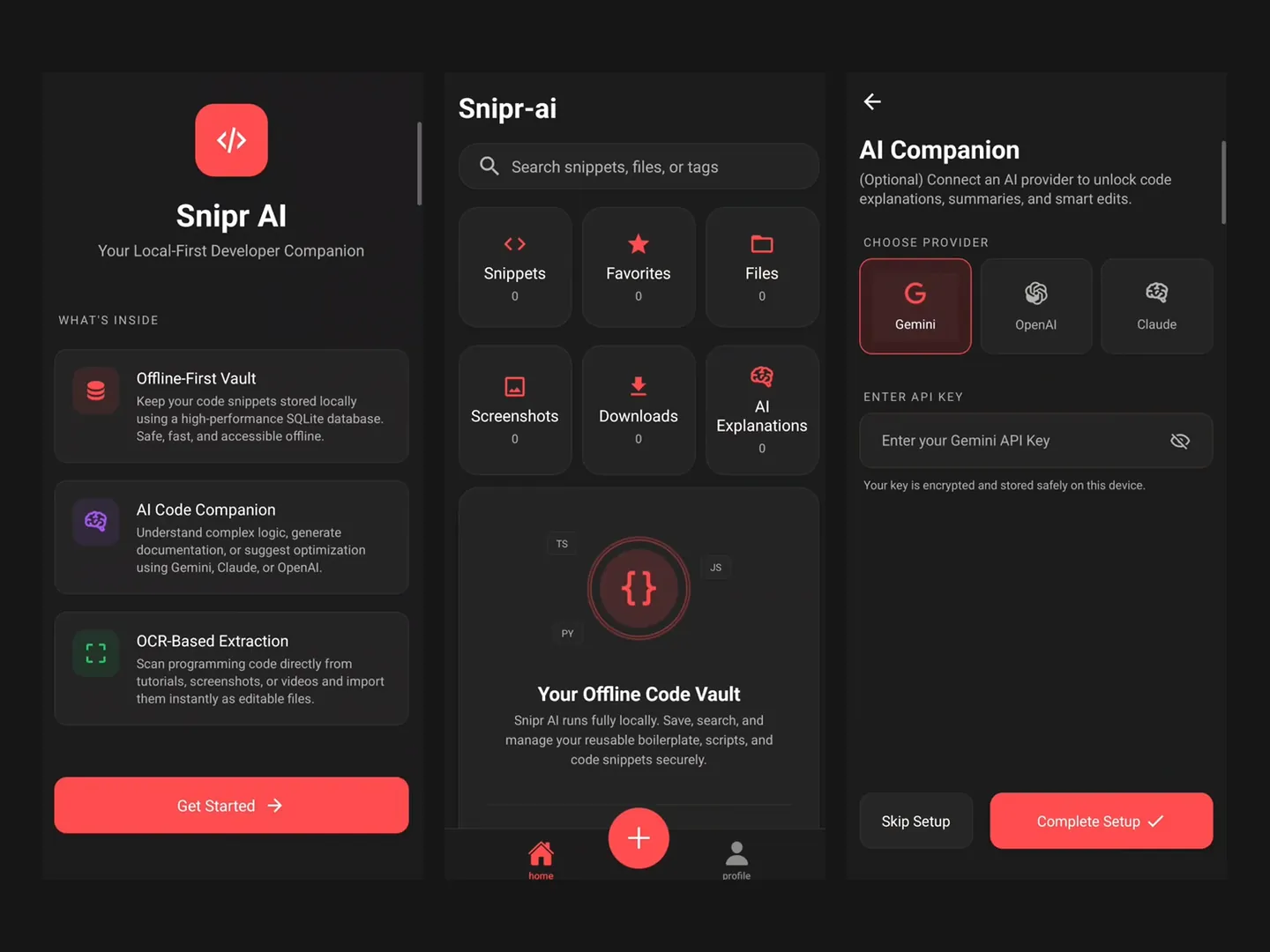 Three Snipr screens: the welcome screen listing the offline vault, AI companion and code scanner, the home screen with snippet categories, and AI provider setup with Gemini selected.